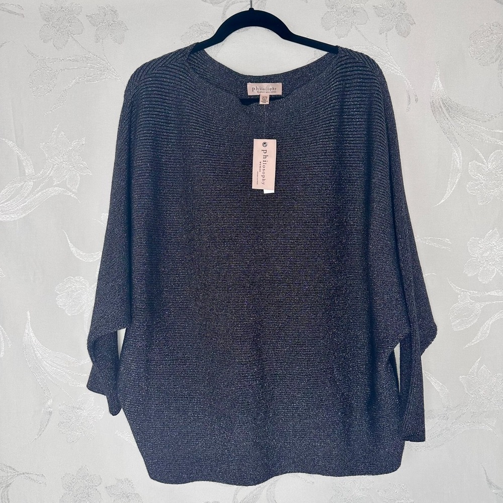 Philosophy Oversize 1X/TG Woman Dolman Knit Black Gunmetal Metallic‎ Threads